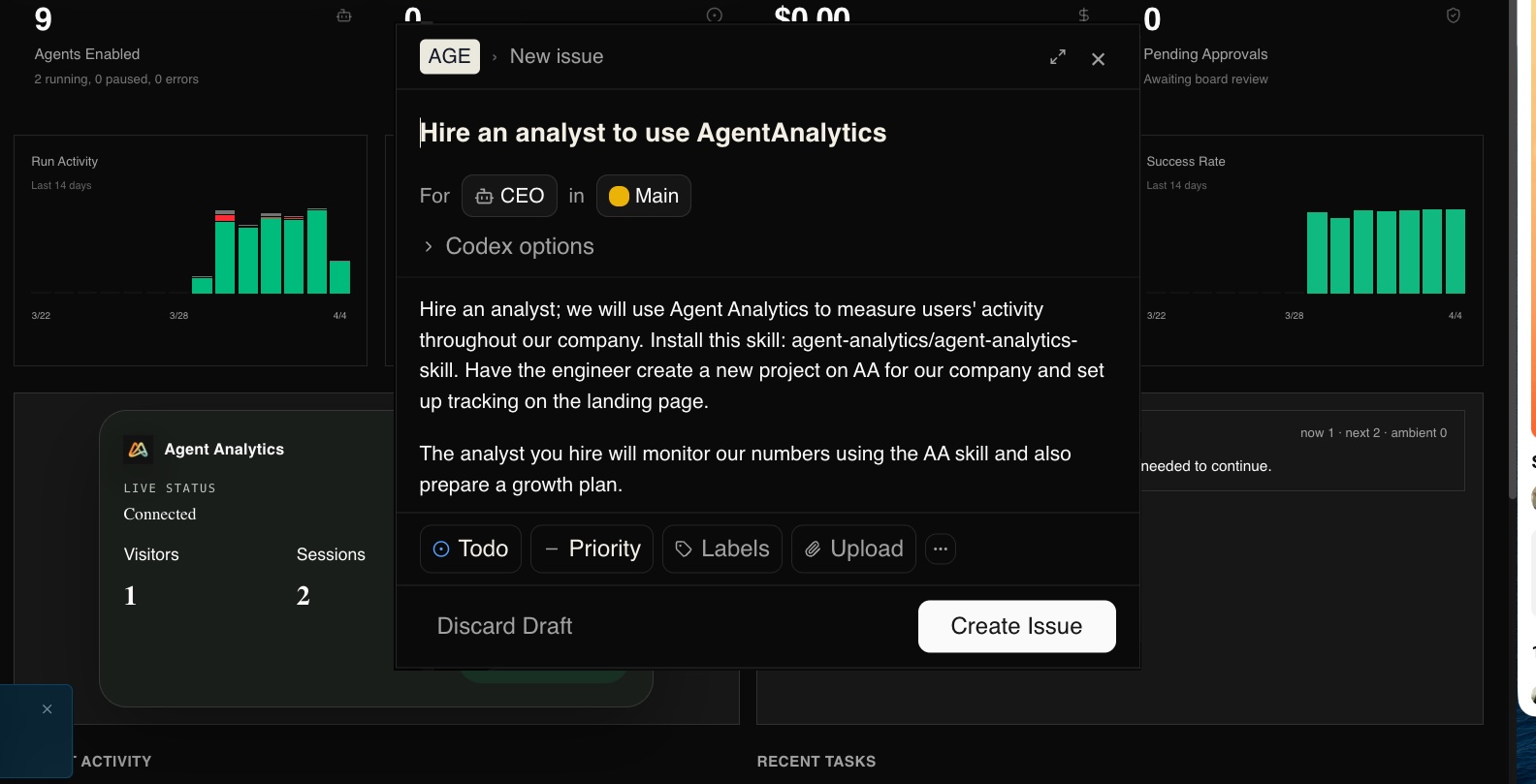 Agent Analytics inside the Paperclip dashboard