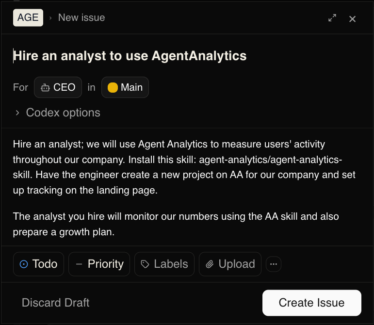 CEO task for hiring an analyst and setting up Agent Analytics in Paperclip